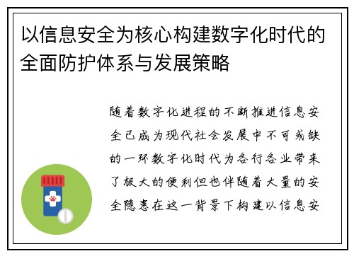 以信息安全为核心构建数字化时代的全面防护体系与发展策略