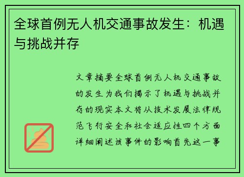 全球首例无人机交通事故发生:机遇与挑战并存 全球首例无人机交通事故发生:机遇与挑战并存