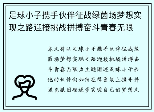 足球小子携手伙伴征战绿茵场梦想实现之路迎接挑战拼搏奋斗青春无限
