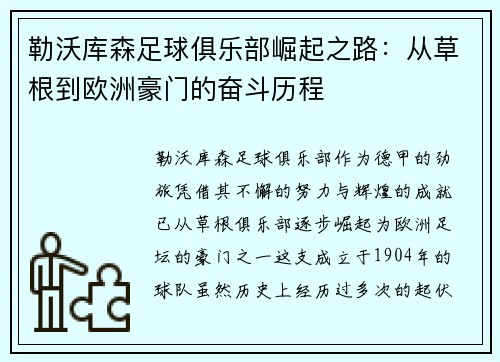 勒沃库森足球俱乐部崛起之路：从草根到欧洲豪门的奋斗历程